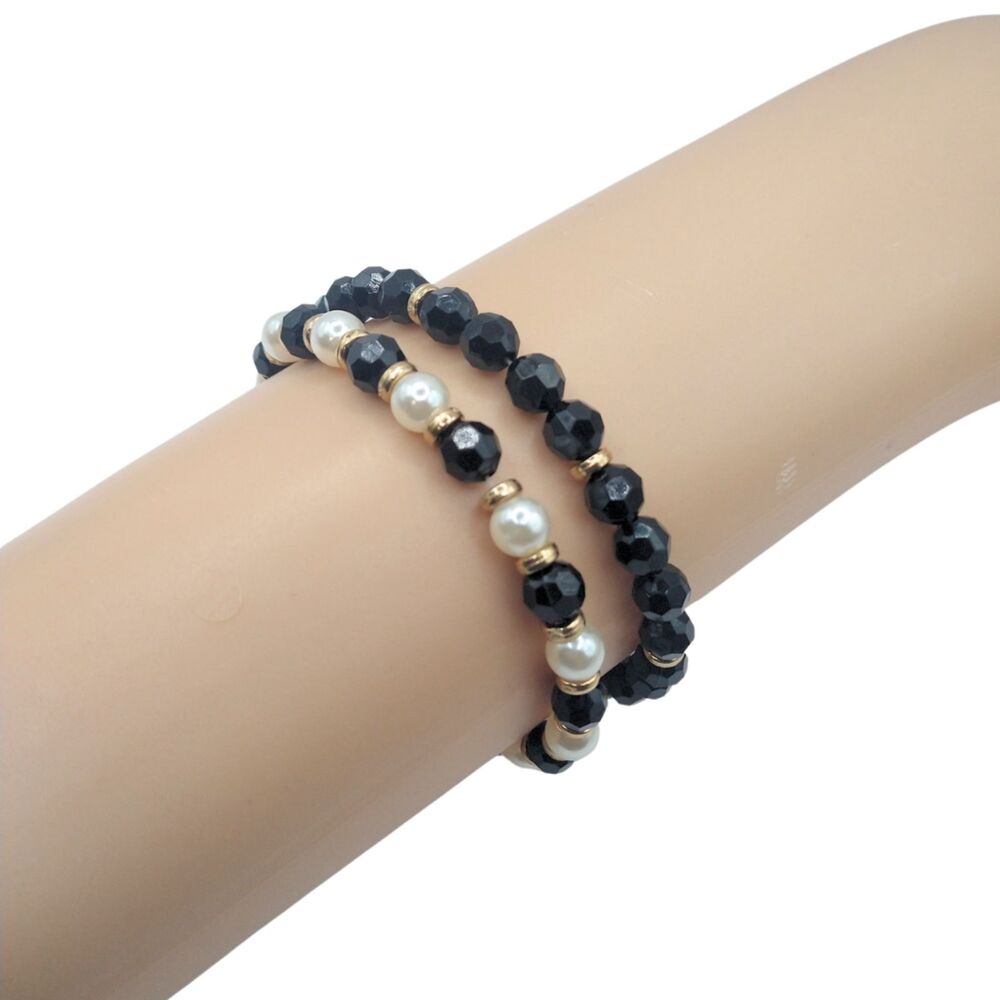 Classic Black & White Beaded Bracelet Layer/Stack/Set – Gold Clasp Finish
